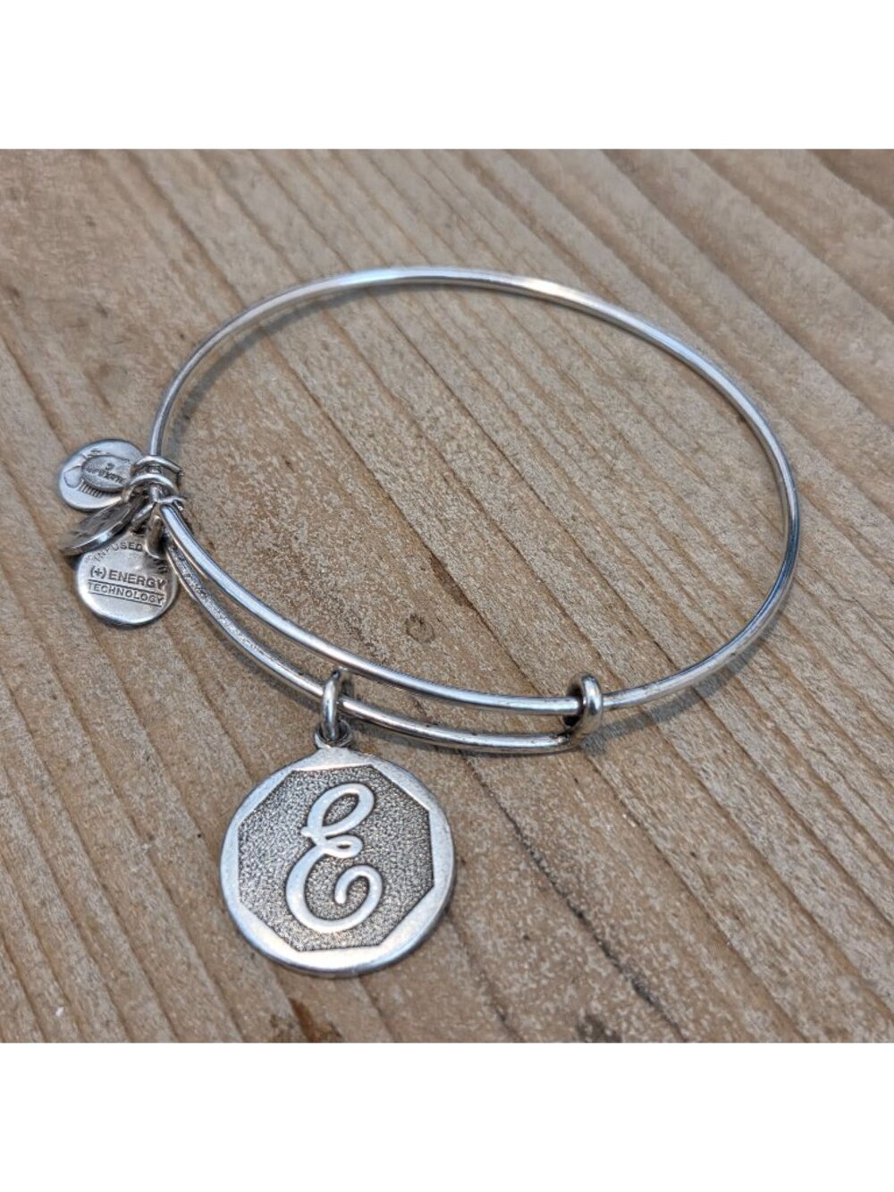 Alex & Ani Silver Tone Initial Letter E Charm Adjustable Bangle Bracelet